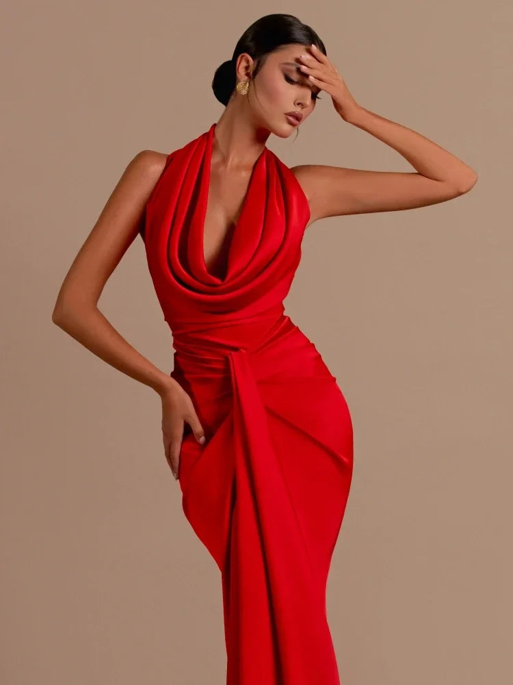 Elegant Swinging Collar Backless Pleated Long Draped Maxi Dress