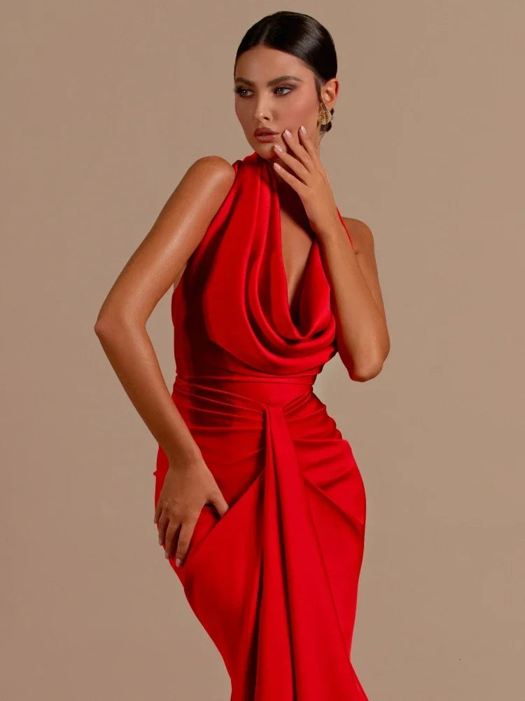 Elegant Swinging Collar Backless Pleated Long Draped Maxi Dress