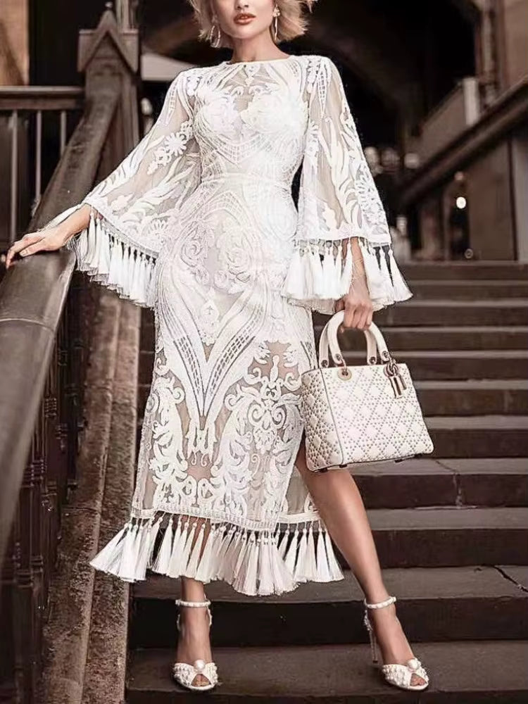 Elegant Tassel Embroidery Split Patchwork High Waist Midi Dress