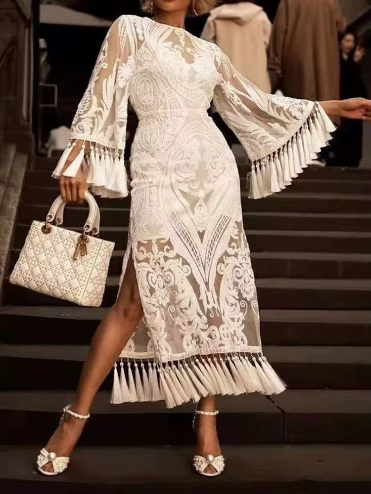 Elegant Tassel Embroidery Split Patchwork High Waist Midi Dress