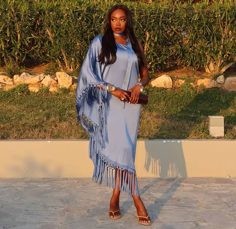 Elegant Tassel One Shoulder Loose Ribbon Full Sleeve Asymmetric Maxi Dress