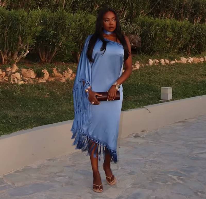 Elegant Tassel One Shoulder Loose Ribbon Full Sleeve Asymmetric Maxi Dress