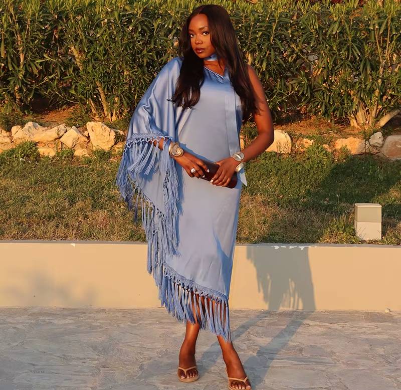Elegant Tassel One Shoulder Loose Ribbon Full Sleeve Asymmetric Maxi Dress