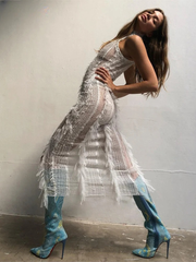 Elegant Tassel Patchwork Sleeveless Skinny Stretch Bodycon Dress Clubwear