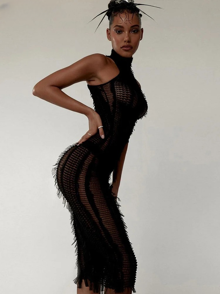 Elegant Tassel Patchwork Sleeveless Skinny Stretch Bodycon Dress Clubwear