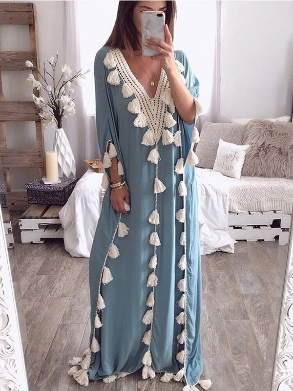 Elegant Tassel Patchwork V-neck Kaftan Casual Robe Long Maxi Dress