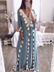Elegant Tassel Patchwork V-neck Kaftan Casual Robe Long Maxi Dress