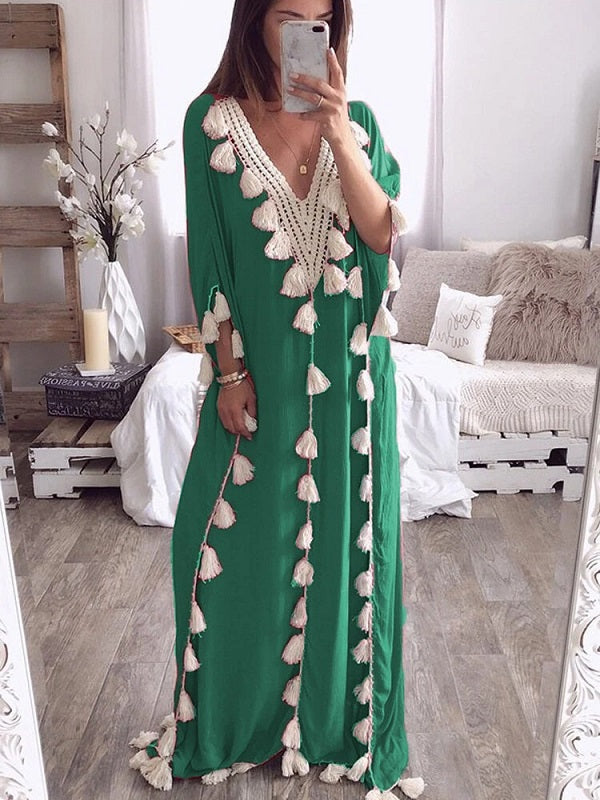 Elegant Tassel Patchwork V-neck Kaftan Casual Robe Long Maxi Dress