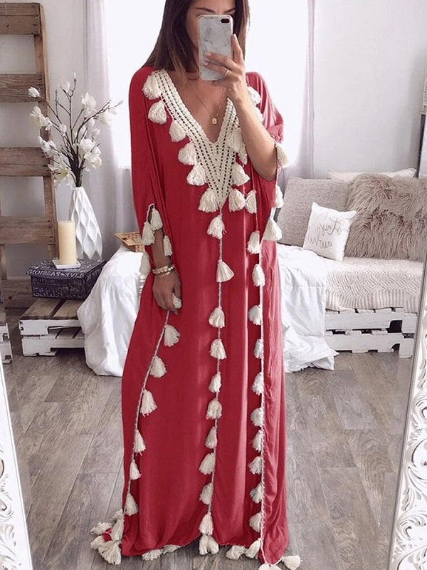 Elegant Tassel Patchwork V-neck Kaftan Casual Robe Long Maxi Dress