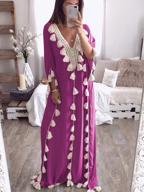 Elegant Tassel Patchwork V-neck Kaftan Casual Robe Long Maxi Dress