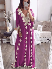 Elegant Tassel Patchwork V-neck Kaftan Casual Robe Long Maxi Dress