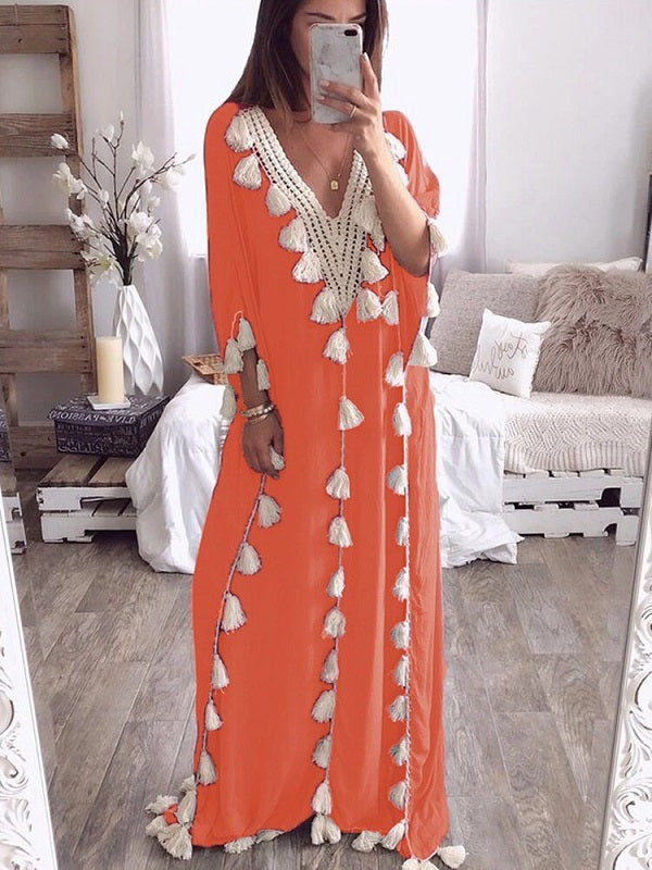 Elegant Tassel Patchwork V-neck Kaftan Casual Robe Long Maxi Dress