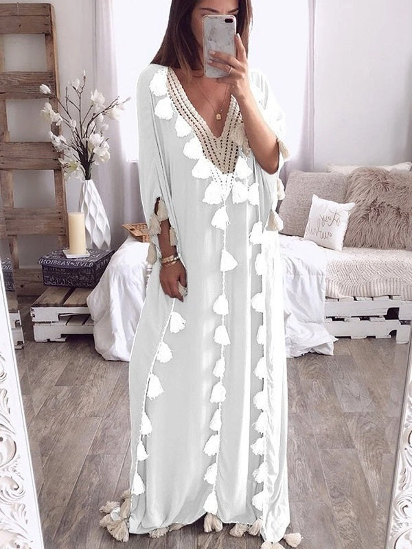 Elegant Tassel Patchwork V-neck Kaftan Casual Robe Long Maxi Dress