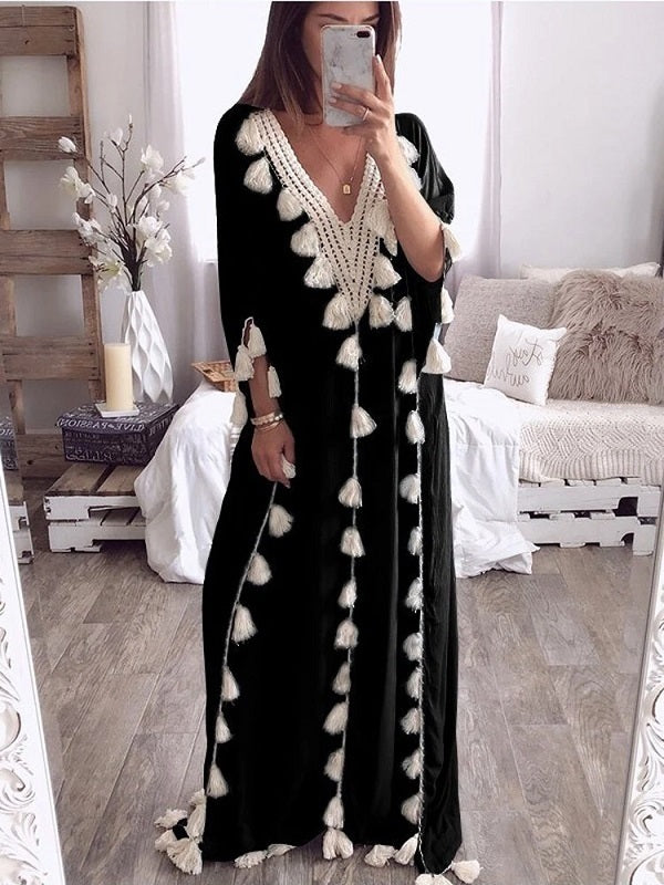 Elegant Tassel Patchwork V-neck Kaftan Casual Robe Long Maxi Dress