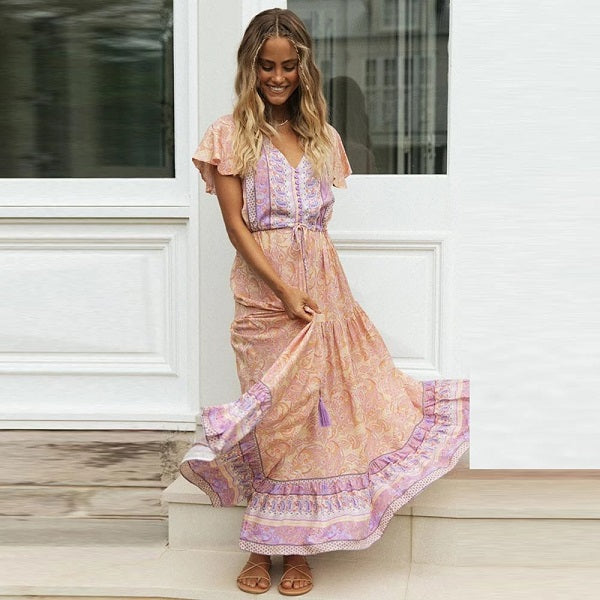 Elegant Tassel Print Casual Floral Maxi Dress