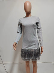 Elegant Tassels Hem O-Neck Full Sleeve Skinny Midi Dress