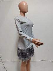 Elegant Tassels Hem O-Neck Full Sleeve Skinny Midi Dress