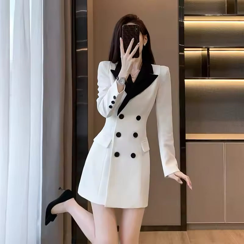 Elegant Temperament Long-sleeved Waisted Suit Slim Skirt Blazer Dress