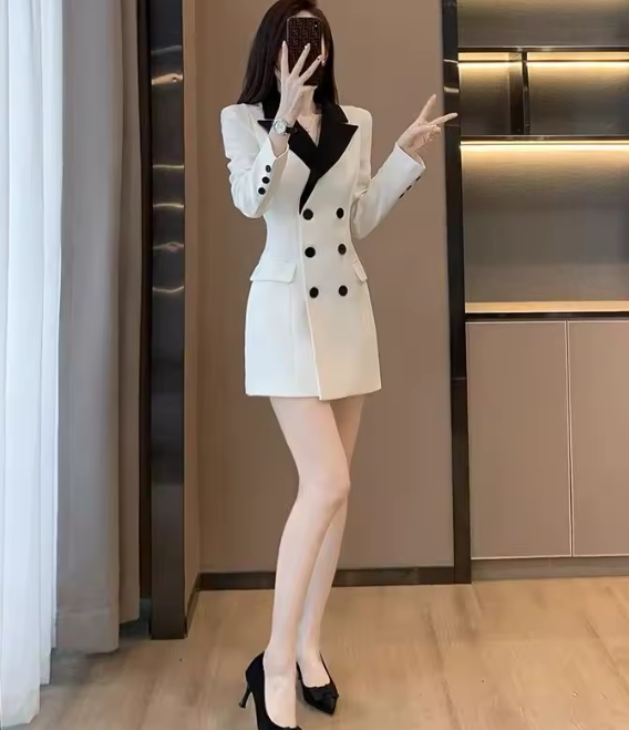 Elegant Temperament Long-sleeved Waisted Suit Slim Skirt Blazer Dress