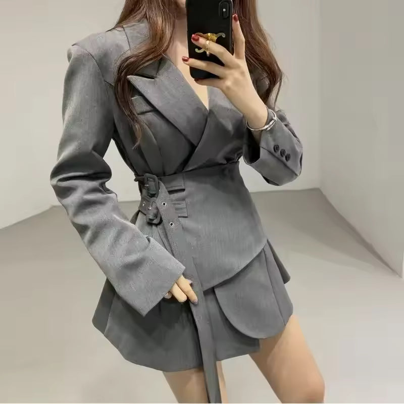 Elegant Thin Irregular  A-line Short Double Belt Suit Coat Blazer Dress