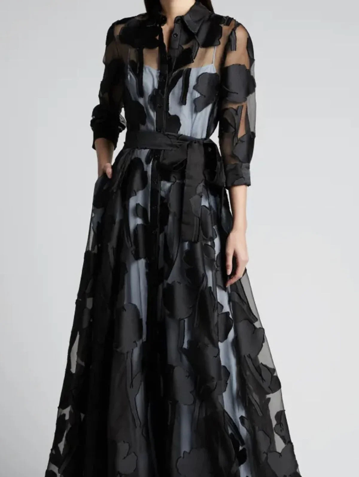 Elegant Three-Quarter Sleeve Knotted Waist Jacquard Mesh Maxi Dress