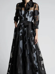 Elegant Three-Quarter Sleeve Knotted Waist Jacquard Mesh Maxi Dress