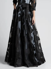 Elegant Three-Quarter Sleeve Knotted Waist Jacquard Mesh Maxi Dress