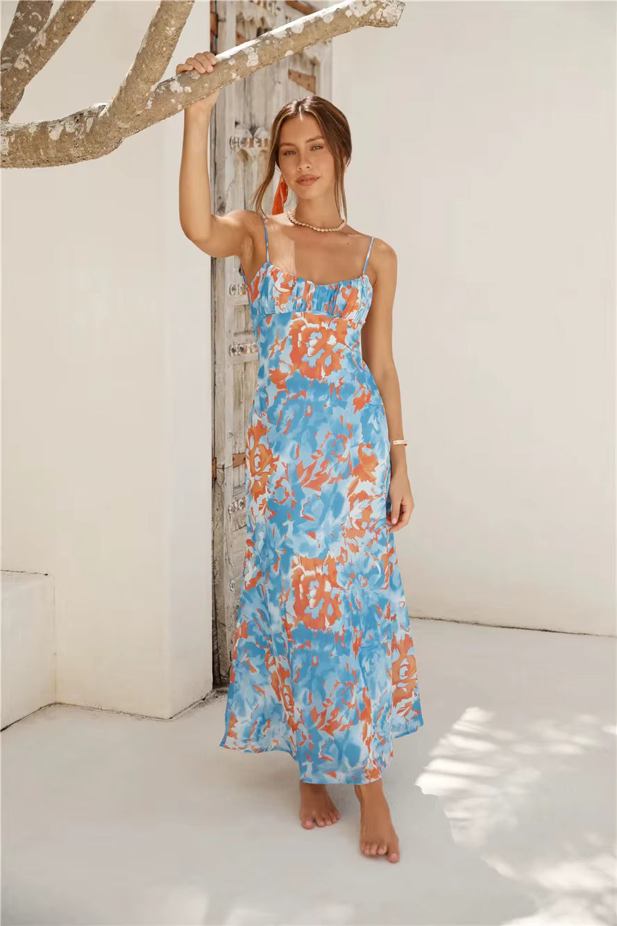 Elegant Tie Dyeing Style Bottom Chest Open Back Ankle Maxi Dress