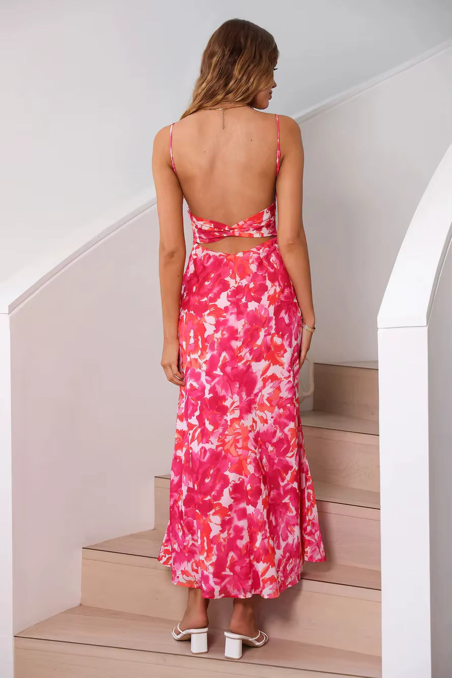 Elegant Tie Dyeing Style Bottom Chest Open Back Ankle Maxi Dress