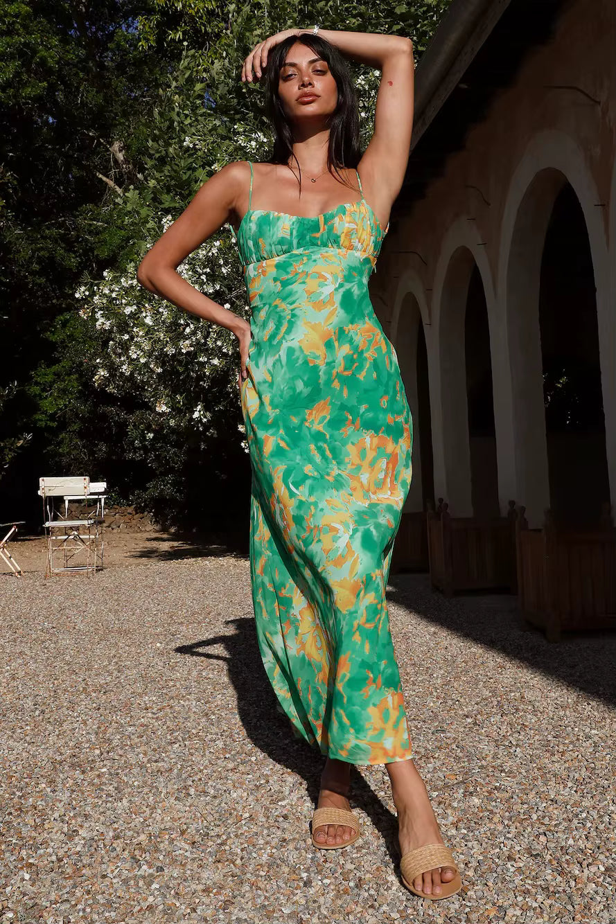 Elegant Tie Dyeing Style Bottom Chest Open Back Ankle Maxi Dress