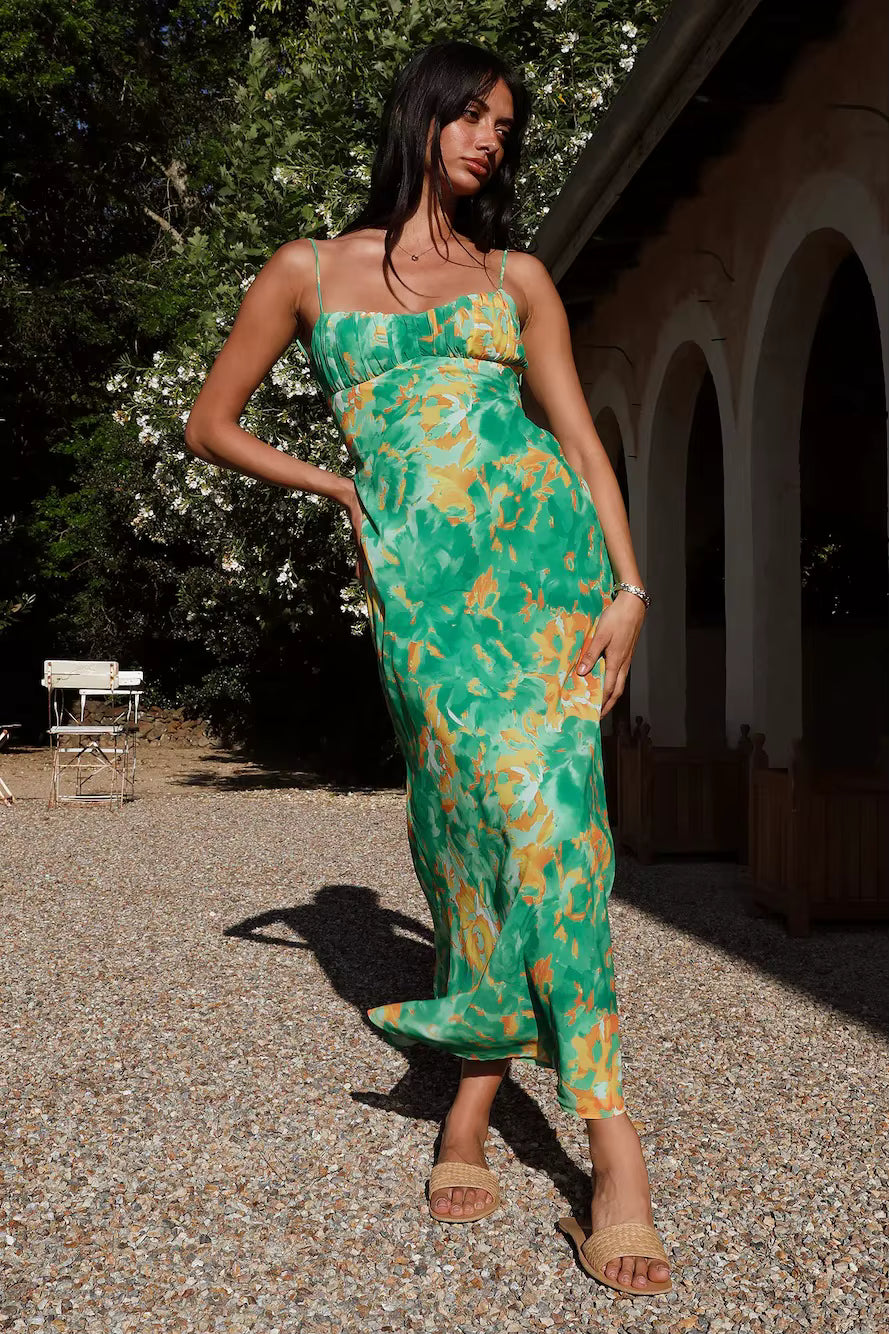 Elegant Tie Dyeing Style Bottom Chest Open Back Ankle Maxi Dress