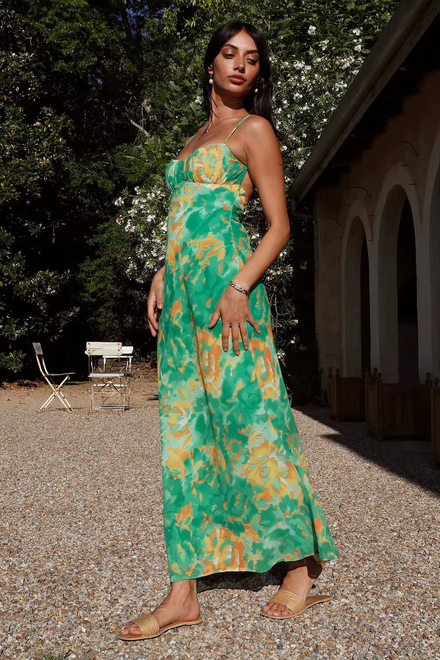 Elegant Tie Dyeing Style Bottom Chest Open Back Ankle Maxi Dress