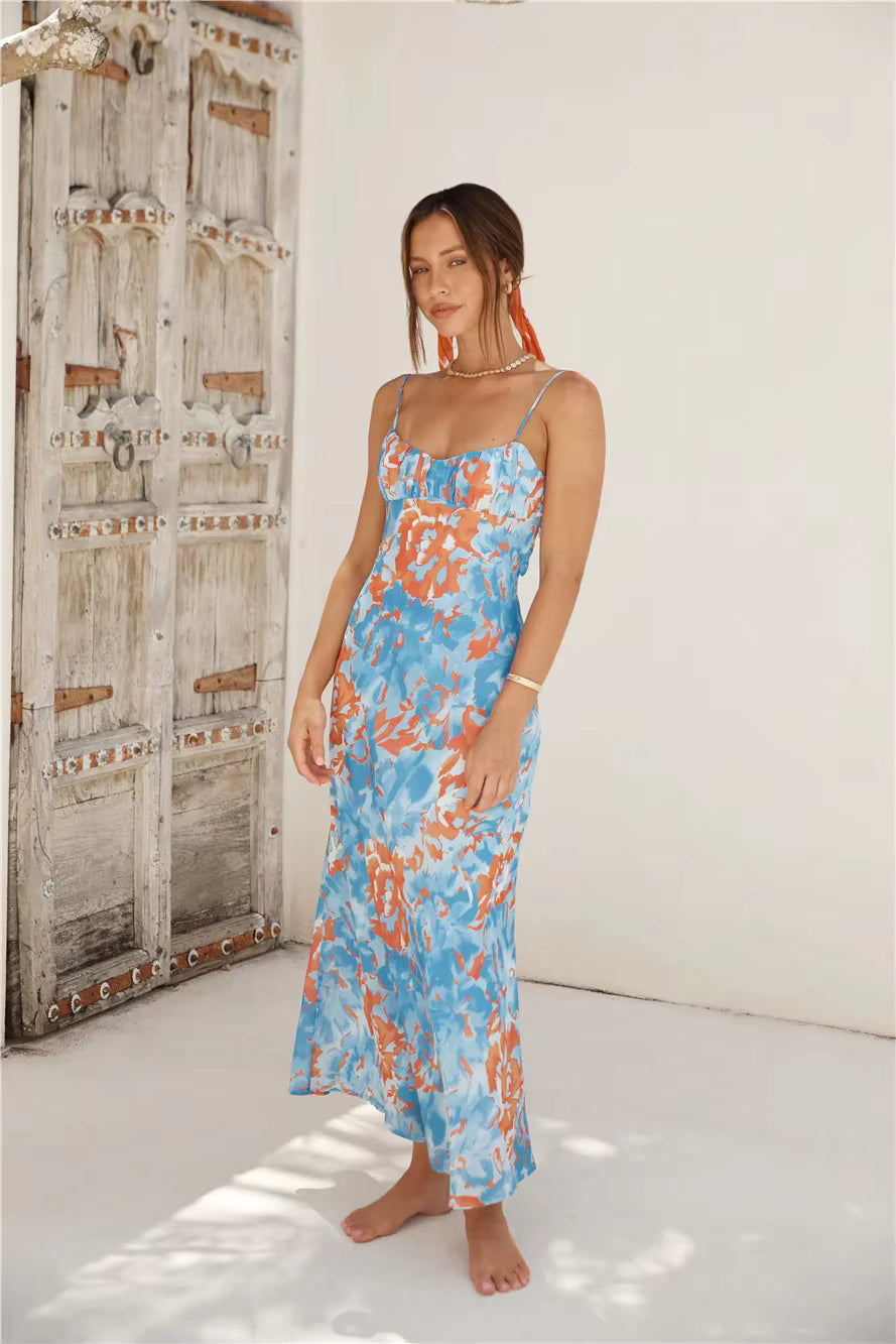 Elegant Tie Dyeing Style Bottom Chest Open Back Ankle Maxi Dress