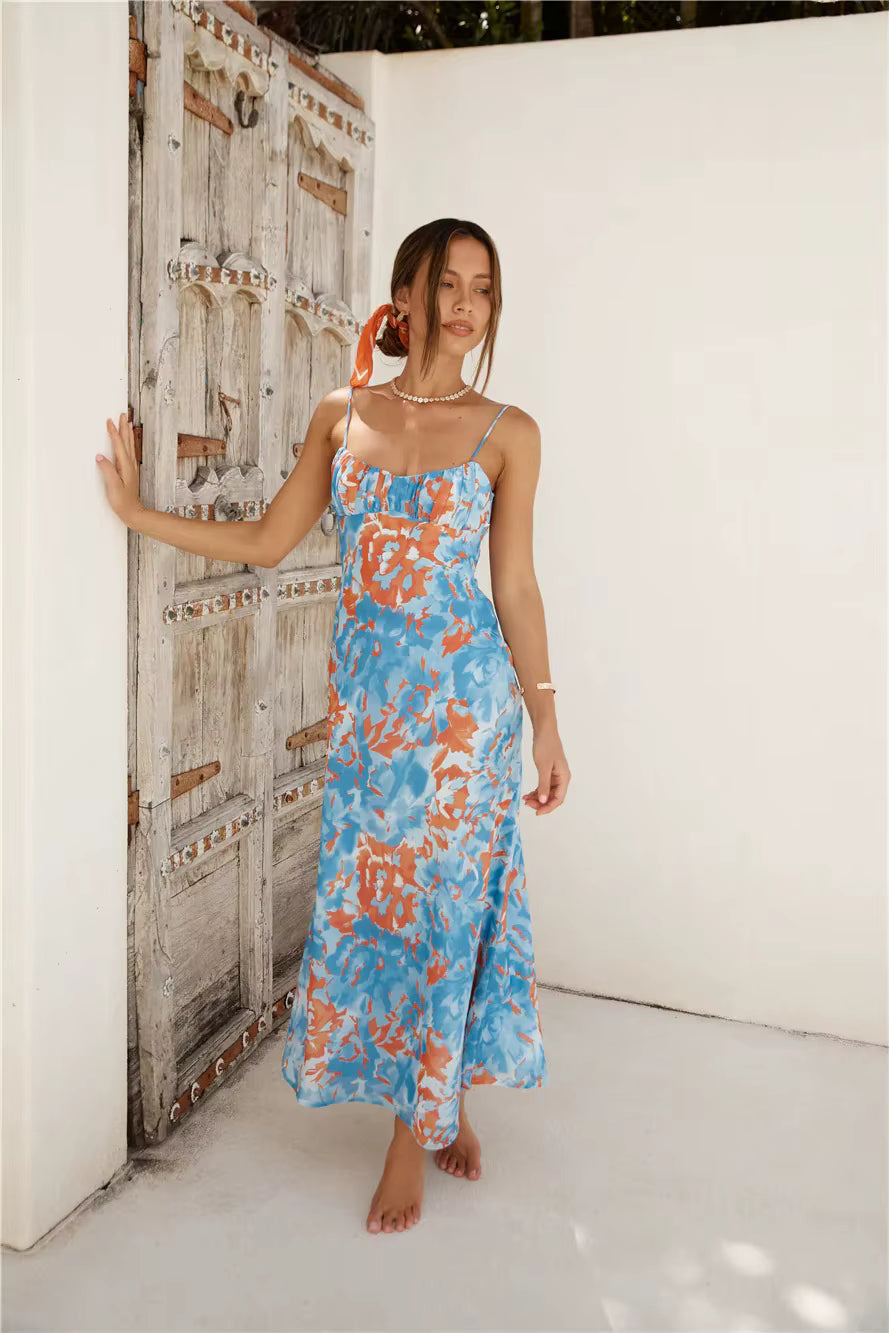 Elegant Tie Dyeing Style Bottom Chest Open Back Ankle Maxi Dress