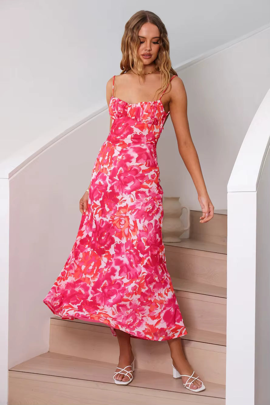 Elegant Tie Dyeing Style Bottom Chest Open Back Ankle Maxi Dress