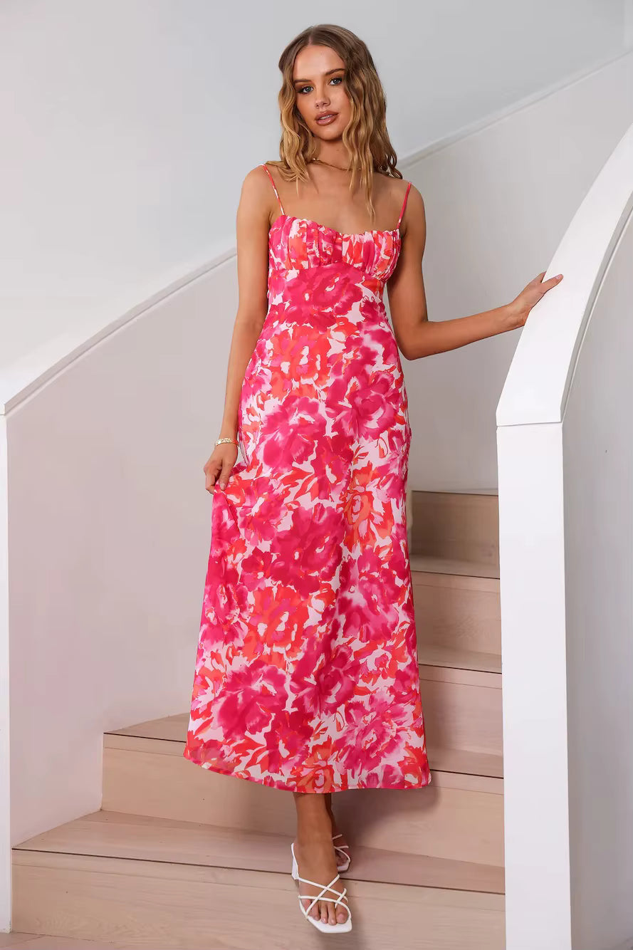 Elegant Tie Dyeing Style Bottom Chest Open Back Ankle Maxi Dress