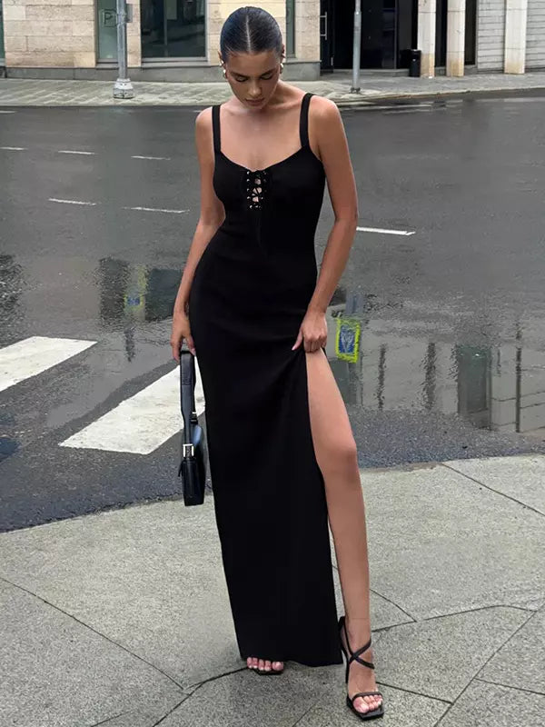 Elegant Tie Front High-slit Sleeveless Spaghetti Straps Dress