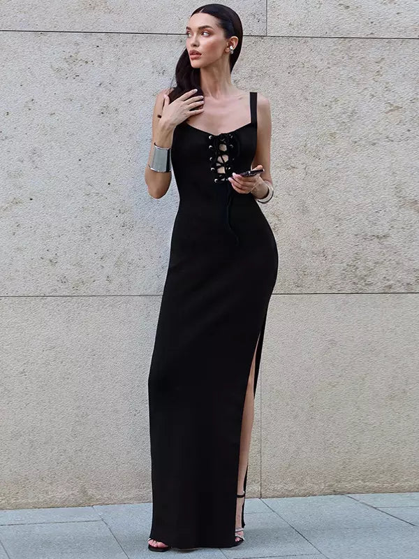 Elegant Tie Front High-slit Sleeveless Spaghetti Straps Dress