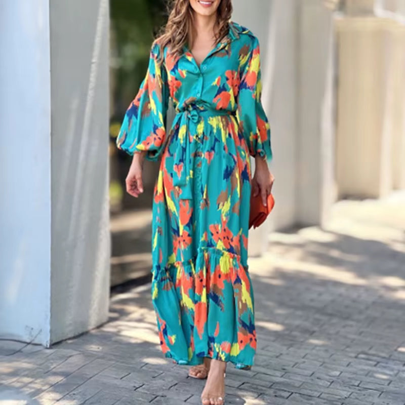 Elegant Tie-Up Lantern Sleeve Lapel Pattern Print High Street Maxi Dress