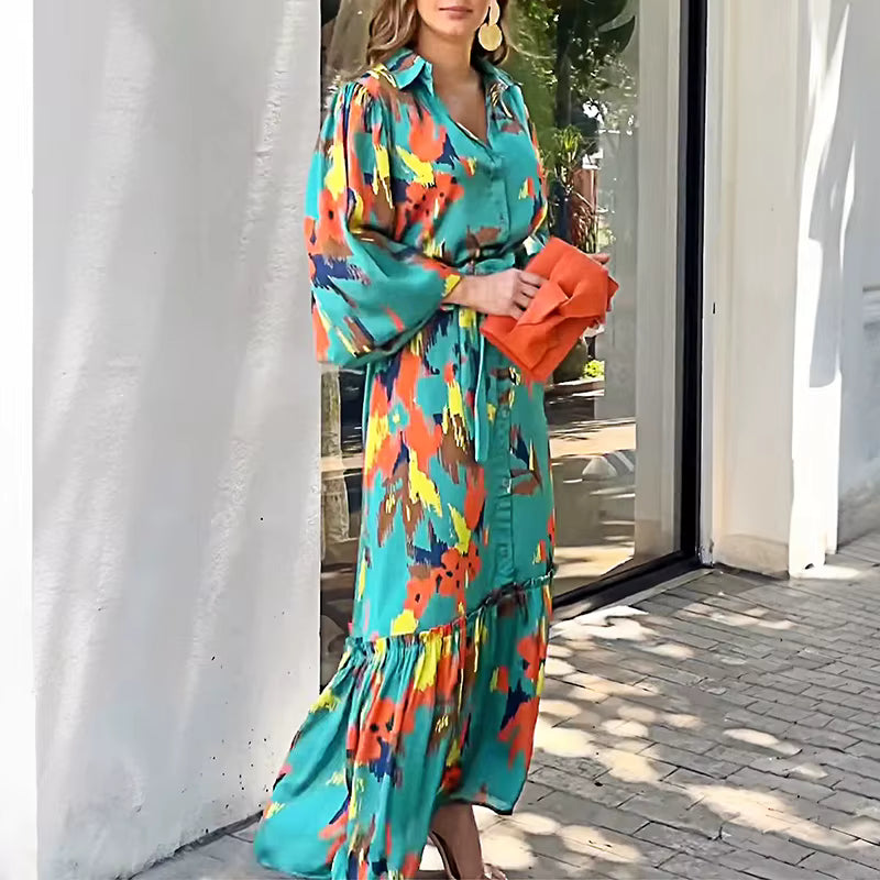 Elegant Tie-Up Lantern Sleeve Lapel Pattern Print High Street Maxi Dress