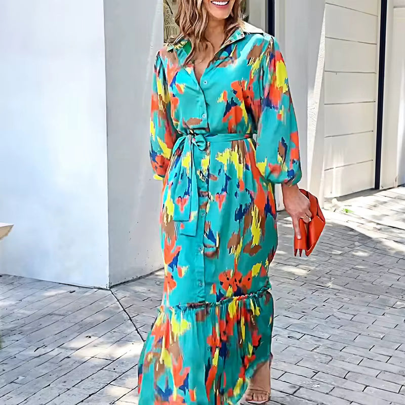 Elegant Tie-Up Lantern Sleeve Lapel Pattern Print High Street Maxi Dress