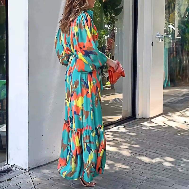 Elegant Tie-Up Lantern Sleeve Lapel Pattern Print High Street Maxi Dress