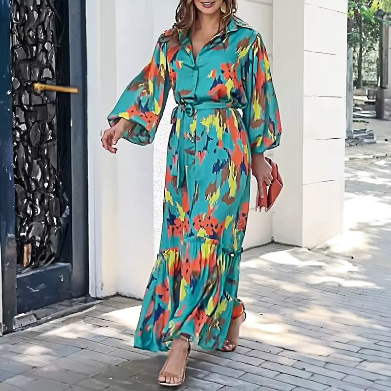 Elegant Tie-Up Lantern Sleeve Lapel Pattern Print High Street Maxi Dress