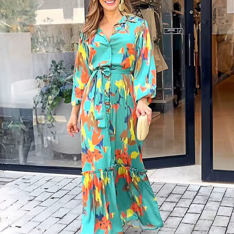 Elegant Tie-Up Lantern Sleeve Lapel Pattern Print High Street Maxi Dress