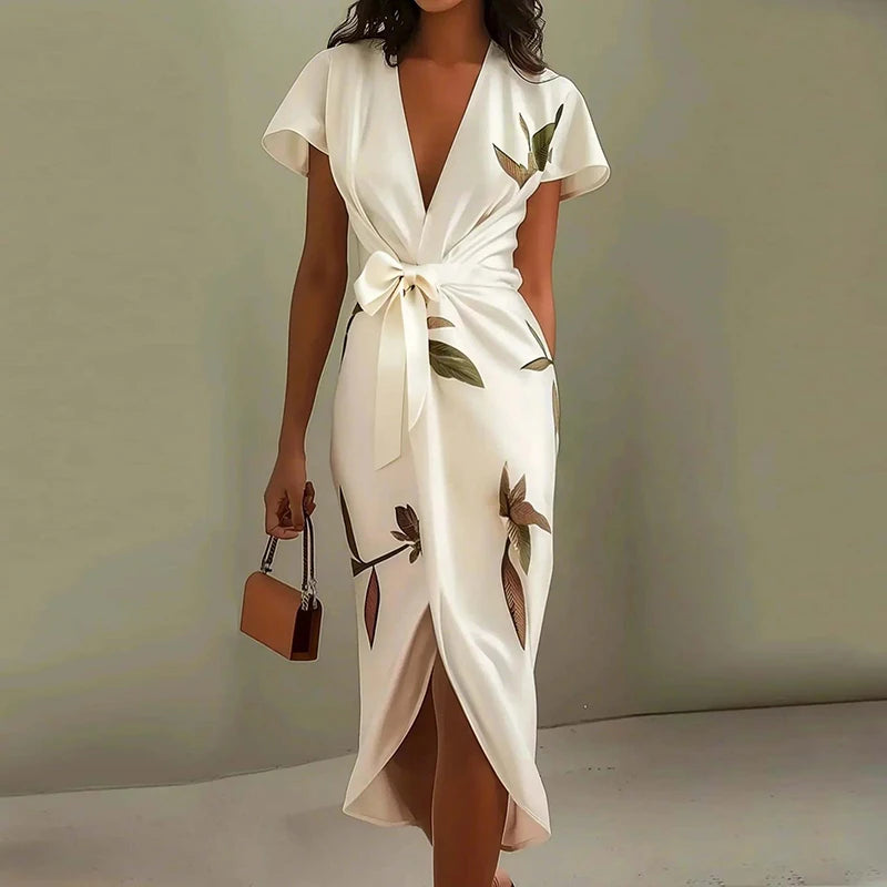 Elegant Tie-up Bow Floral Print Irregular Slim Boho V-Neck Knot Hollow Party Dresses