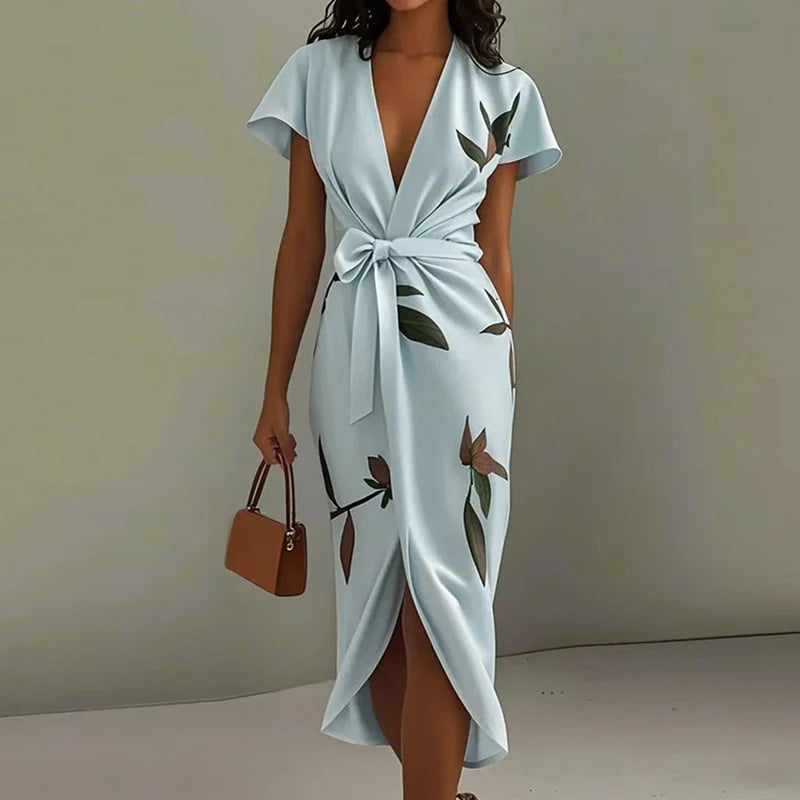 Elegant Tie-up Bow Floral Print Irregular Slim Boho V-Neck Knot Hollow Party Dresses