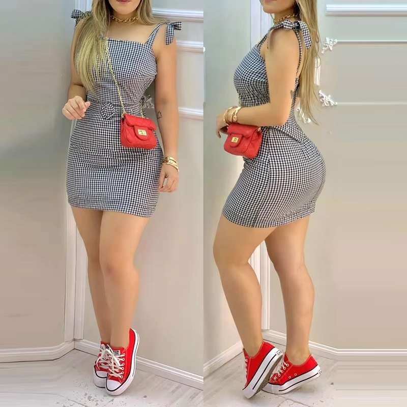 Elegant Tied Shoulder Plaid With Waist Belt Casual Sweet Mini Dress