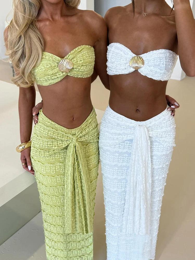 Elegant Tierred Seashell Tube Tops Wrapped Bandage Long Skirts Matching Clubwear 2piece Set