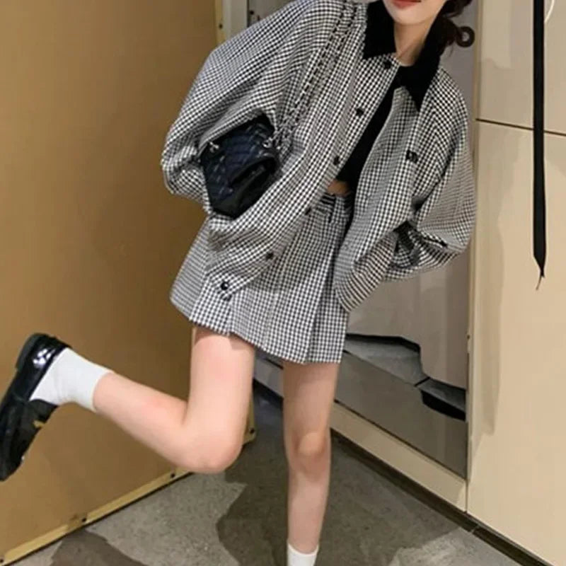 Elegant Trendy Plaid Color Blocking Jacket And A- Line Skirt 2-Piece Set