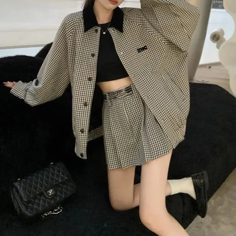 Elegant Trendy Plaid Color Blocking Jacket And A- Line Skirt 2-Piece Set